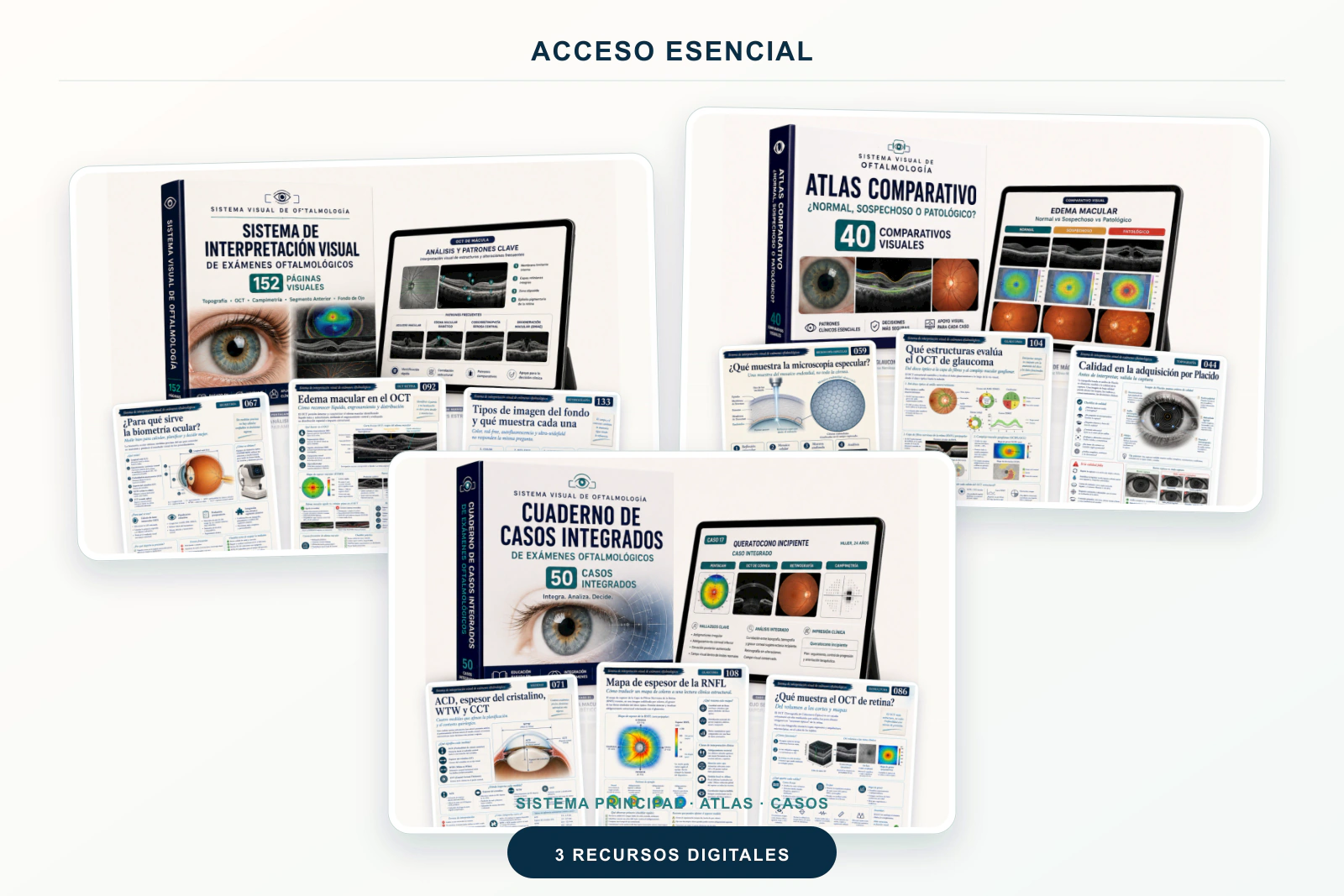Mockup de los tres materiales centrales de Oftalmología Visual