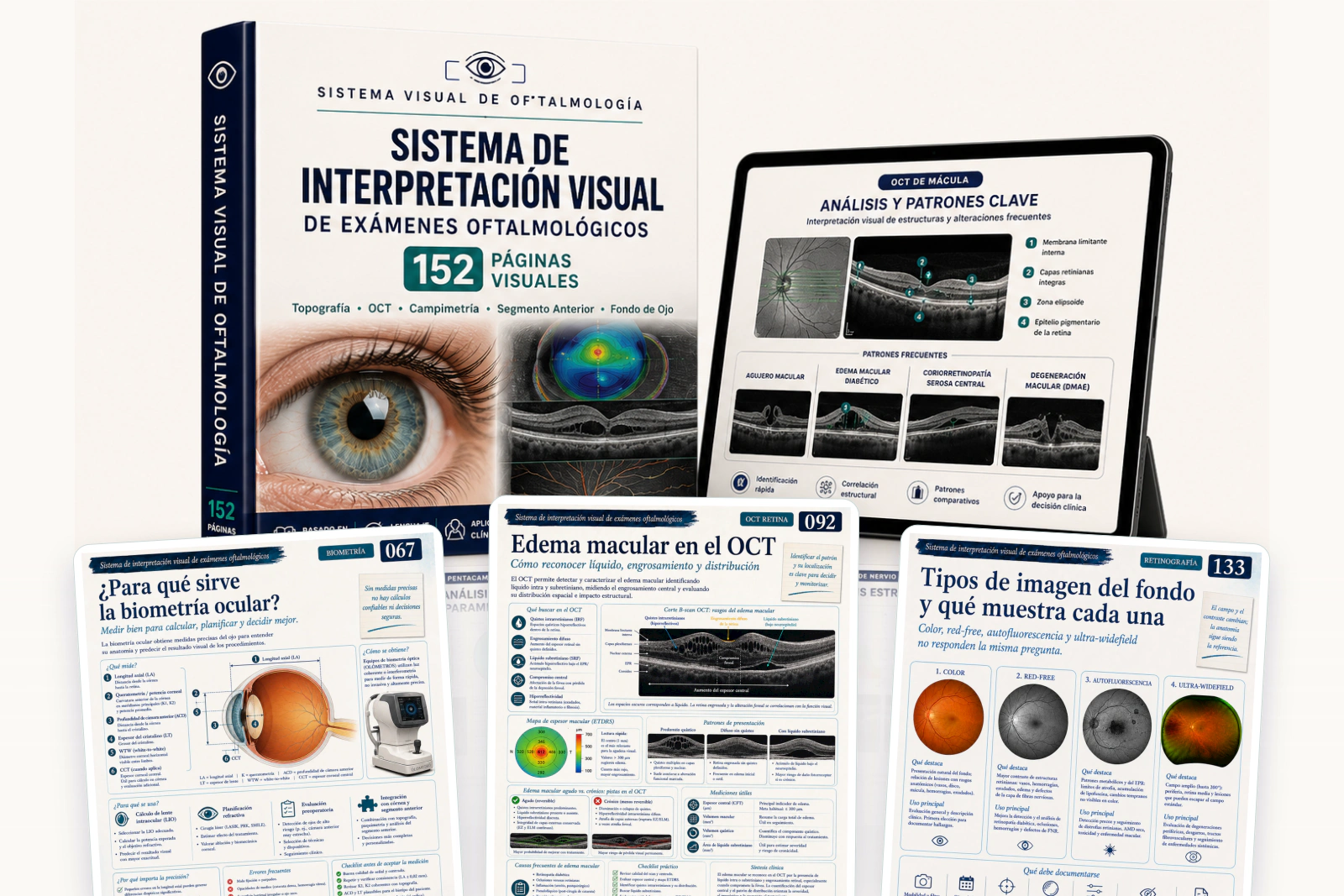 Mockup del Sistema Visual de Exámenes Oftalmológicos con libro, tablet y páginas reales